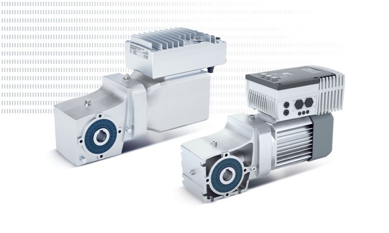 Two NORD gear motors with helical bevel gear units and IE5+ motors, both ventilated and non-ventilated versions, on a white background.